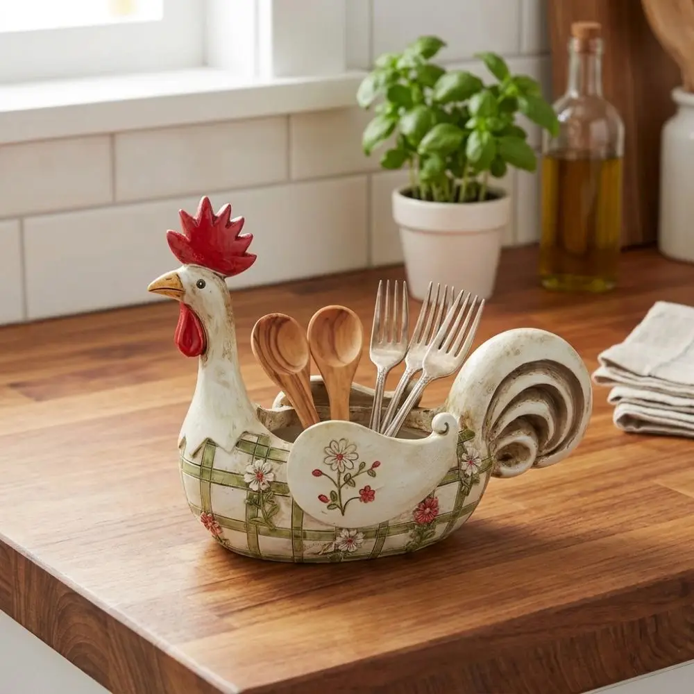 Resin Rustic Rooster Cutlery Holder Gingham Daisy Print Large Capacity Rooster Utensil Holder Aesthetic Distressed Finish