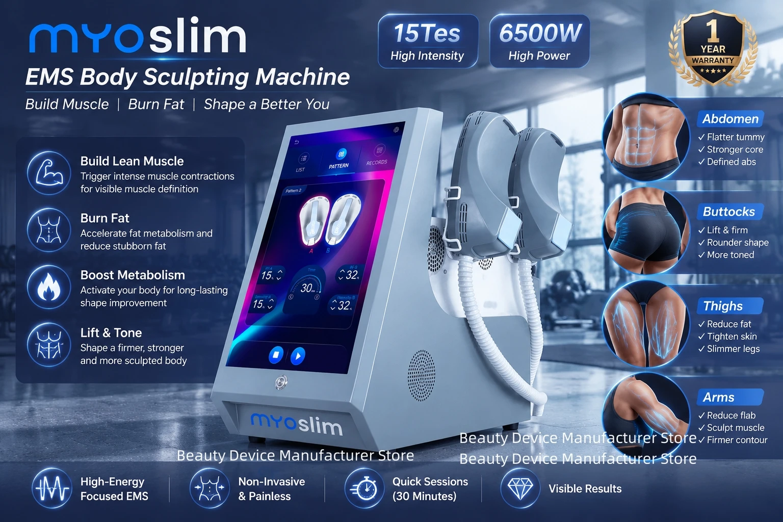 MYOslim EMS Körperformungsgerät HI-EMT Muskelaufbau Fettverbrenner Körperformung 6500W 15Tesla für Fitnesscenter und Workout – Detail 1