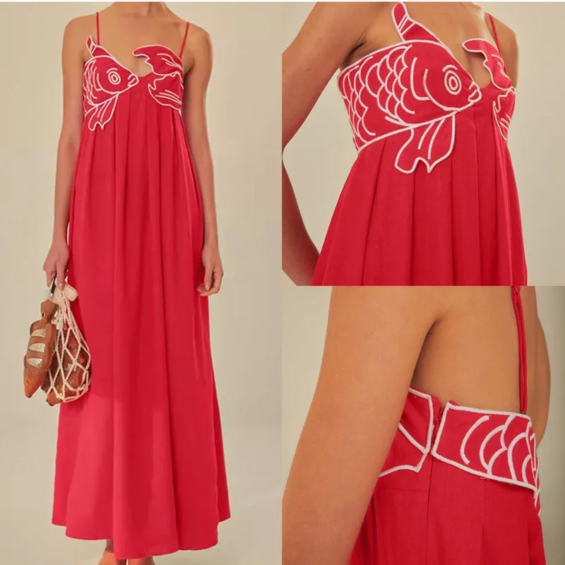 

2024 Fashionable Chinese Red Fish Shaped Bra With Strap Dress For Women Sexy Sleeveless Open Back Pleated Long Dress Party Dress