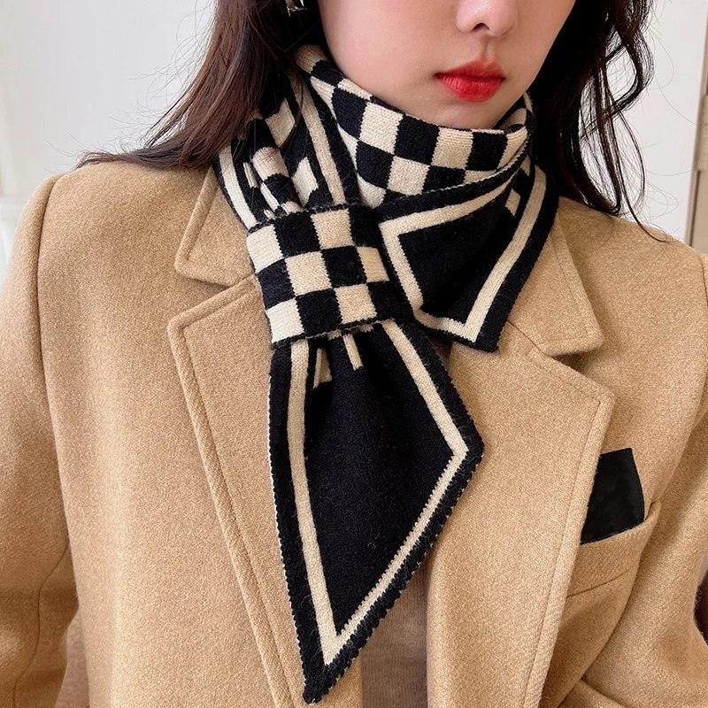 Fashion Plaid Knitted Neck Scarf Autumn Cross Tie Scarves For Women Rings Windproof Neck Protection Warmer Fake Collar 110*11cm