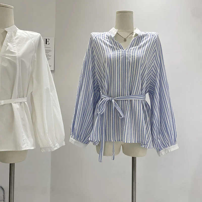 

Elegant Blue Striped Long Sleeve Women's Shirt DIYI Korean Style Ageless Early Autumn Commute Style Loose Fit Other 100%