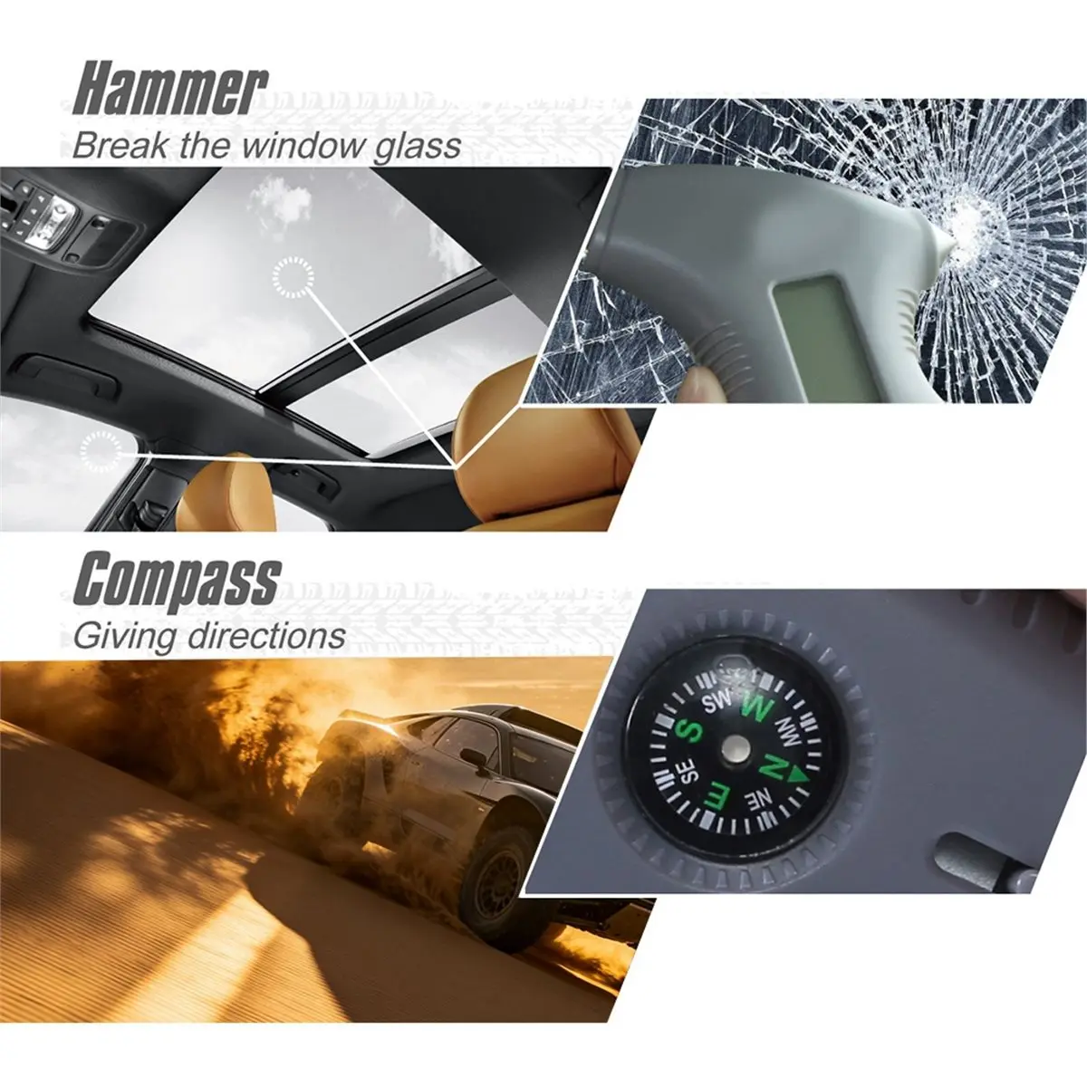 【STABLE QUALITY】Tire Depth Gauge Pressure Safety Hammer Escape Lighting Car Onboard Compass Nozzel Multifunctional Driving Safet