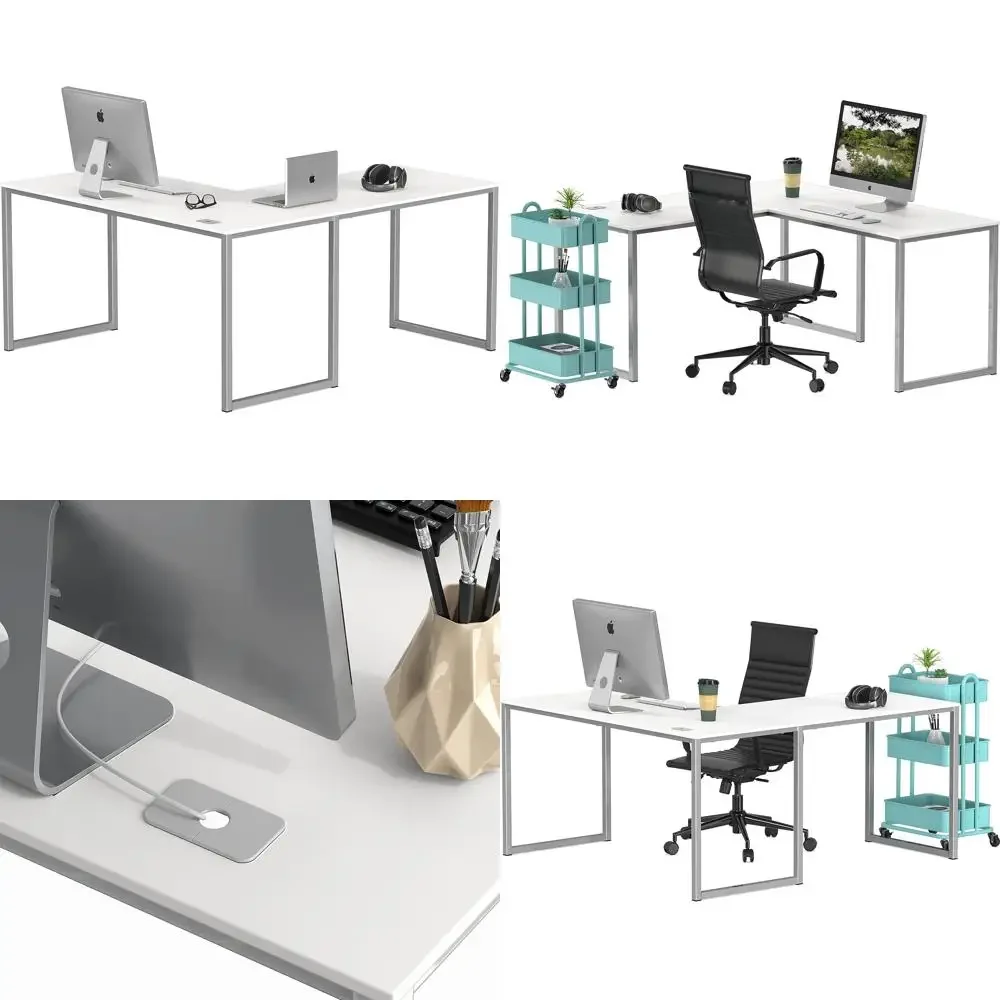 Bureau blanc en forme de L, 55 x 60 pouces, bureau d'ordinateur moderne pour bureau à domicile