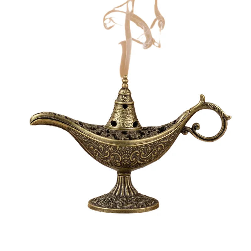 Magic Lamp Shape Incense Burner Zinc Alloy Hollow Carved Vintage Censer for Incense Tablets Home Meditation Decor Holiday Gift