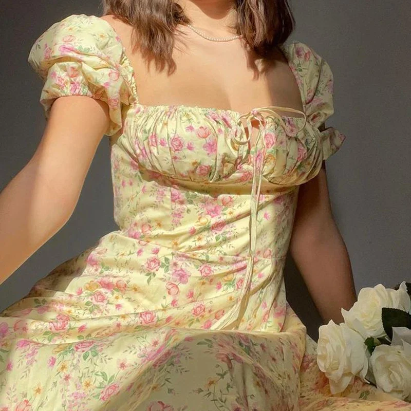 

Women 2025 Puff Short Sleeve Square Collar Slim Fit Maxi Dress Floral Print Split Dress Sweet Holiday Summer Casual Dress ffrfr3