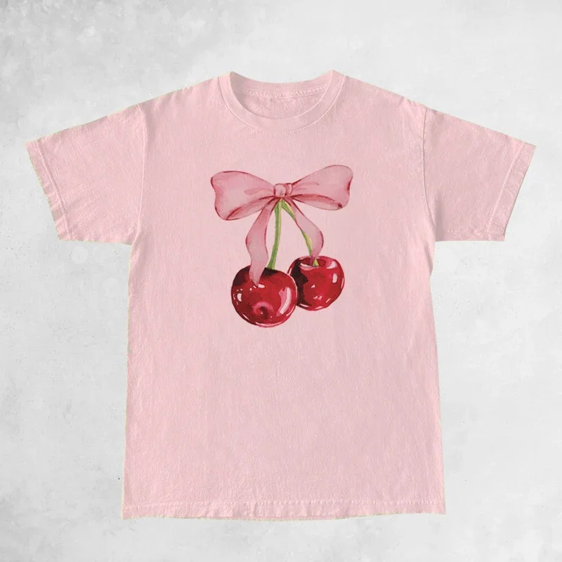 Cherry Bow Printed Women\'s Vintage T-Shirt Trendy Cute Coquette Tee Shirt Short Sleeve Cottagecore Aesthetic Tops Female Clothes