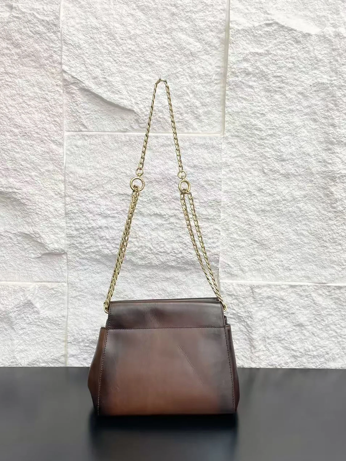 Top Layer Cowhide Leather Vintage Color Rub Chain Underarm Handbag Single Shoulder Slant Cross Bag Women New Casual Simple Style