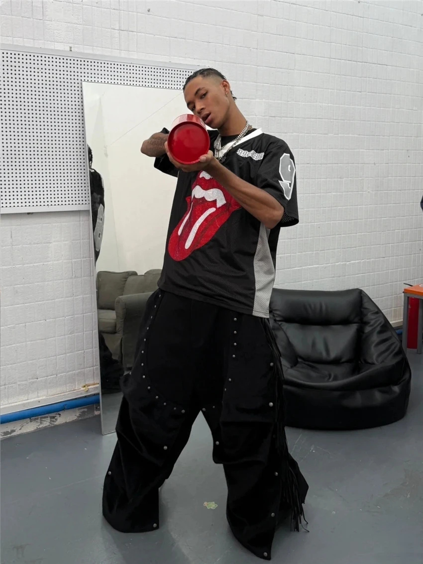 

Trendy Heavy-Du Diamond Embedded Red Lip Long Sve T-irt ex Casual High Street Loose Top Spring Autumn Polyester Fiber