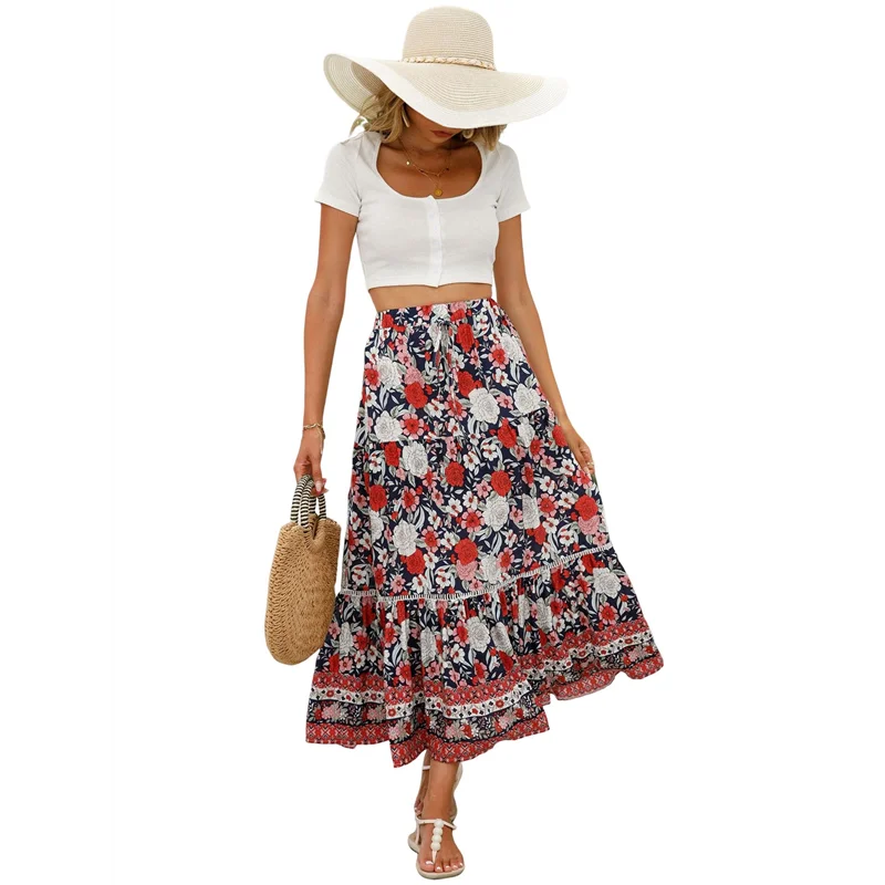

Maxi Skirts For Women 2025 Summer Boho Long Flowy Floral Elastic High Waist Skirt Casual Travel Skirt-A55G