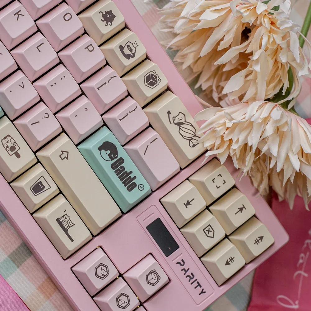 Imagem -03 - Teclado Rosa Cereja Pbt Keycap Contraste Verde Amarelo Conjunto Completo Teclado Mecânico Faça Você Mesmo Gato Engraçado Keycap Textura de Cristal pc