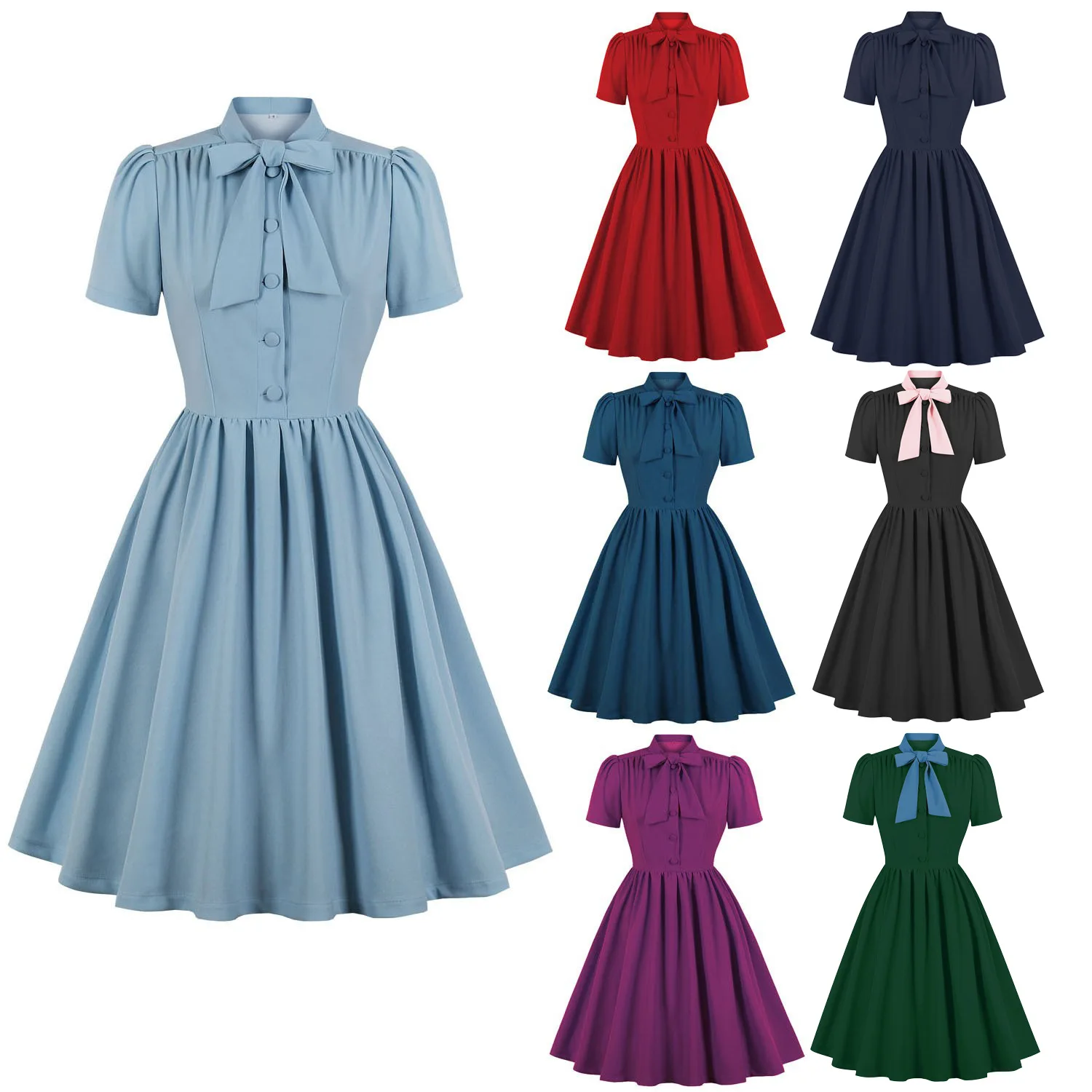 Vestido plisado elegante de oficina con botones y cuello de pajarita Vintage de los años 50, batas de verano para mujer, vestidos de fiesta de cintura delgada de Color sólido