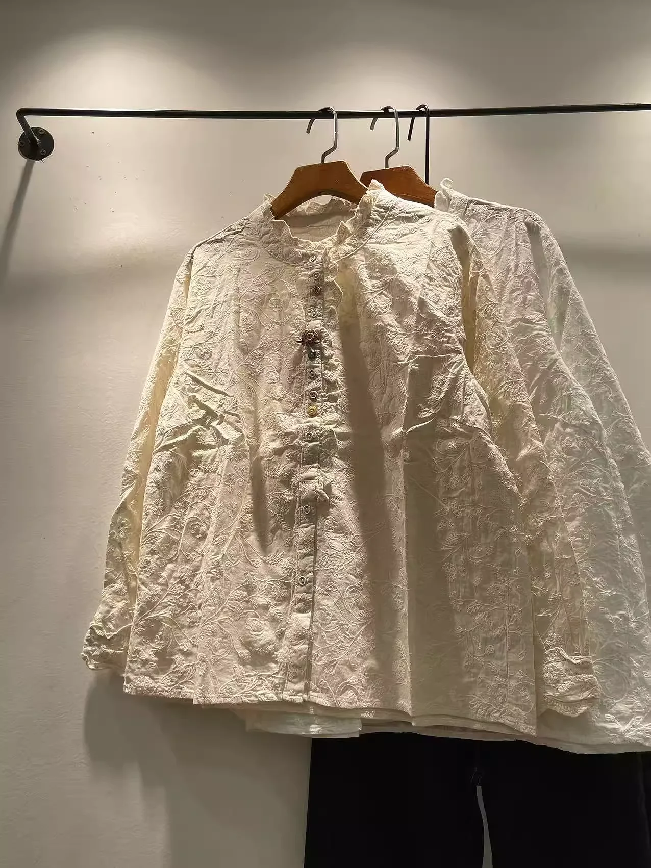 

100% Cotton women's plus size clothes sweet morigirl Japan style stand collar lace embroider shirts long sleeve blouses