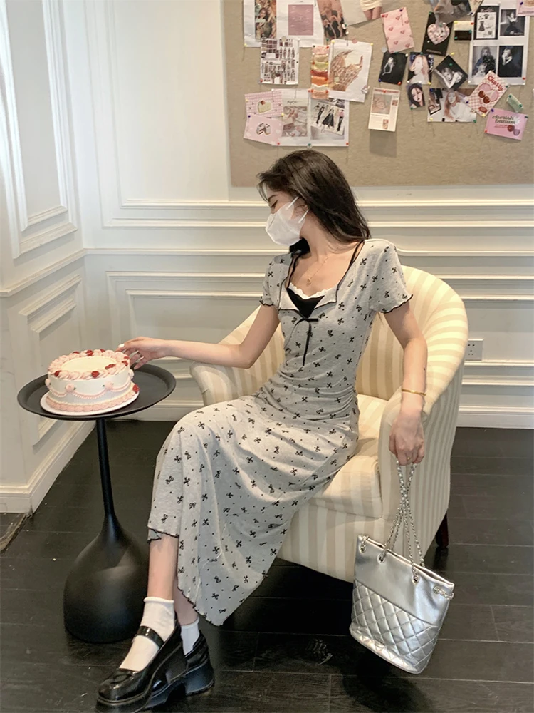 Kleider Kurzarm Damen Nacht 2025, Frau, Frühling, Satin, Fliege, geraffte Taille, Rüschen, A-Linie, normale Passform, romantisches Picknick, süß