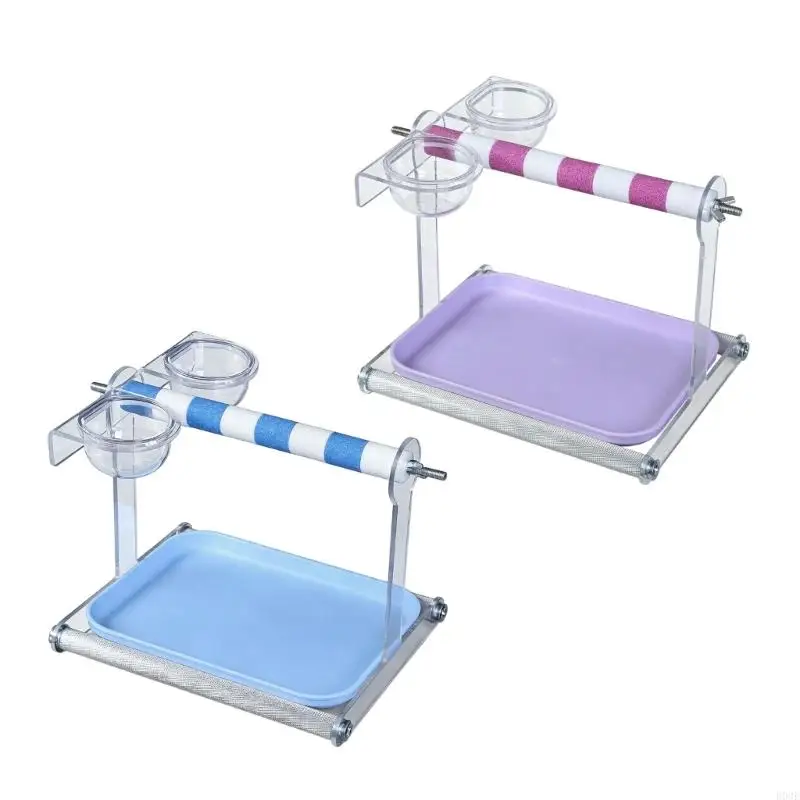 Bird Perch Station with Removable Tray, Two Clear Cup Holder and Textured Padded Standing Perch for Daily Bird Care Area, B03E