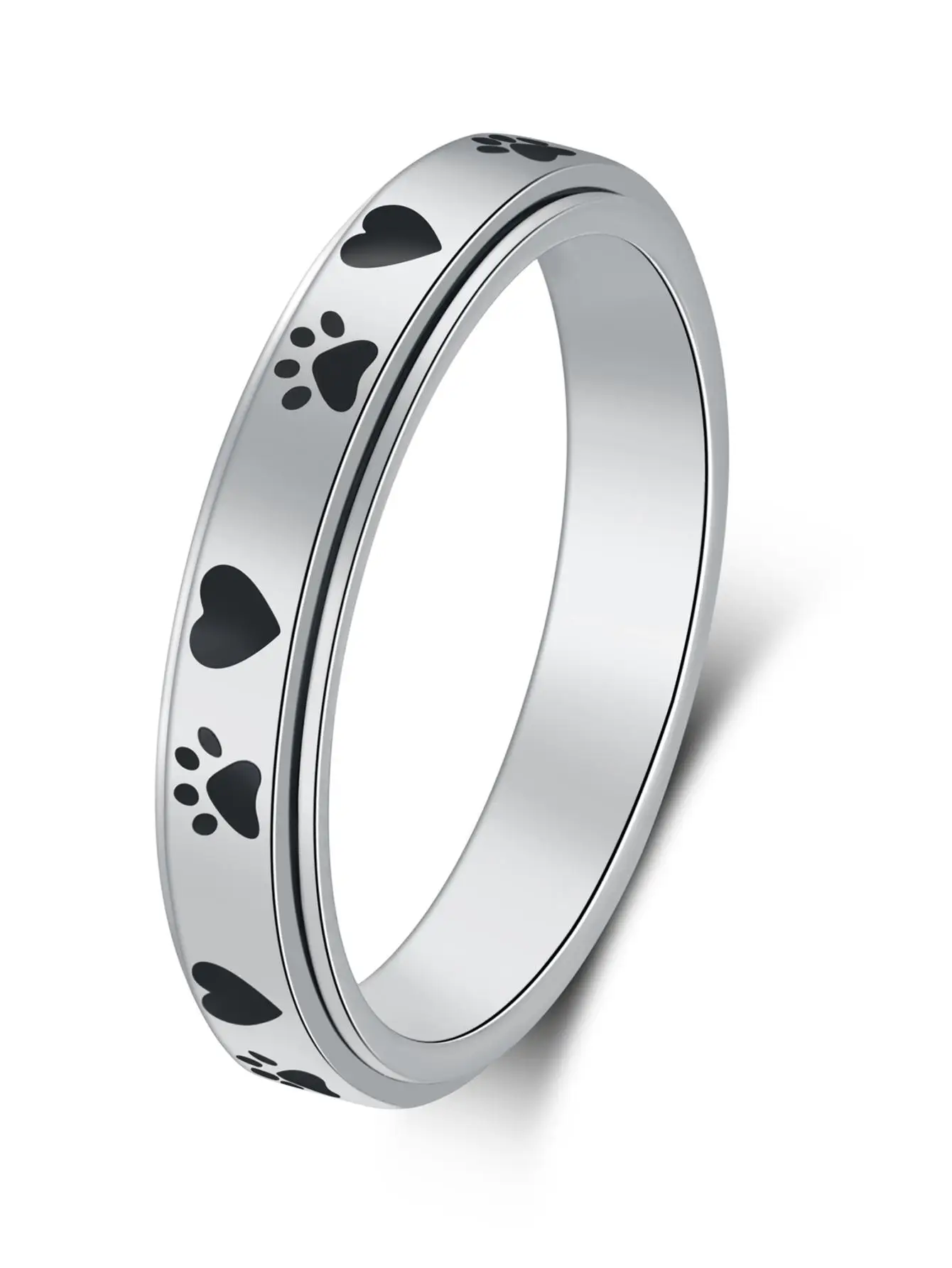 

4mm Rotatable Paw Print & Heart Pattern Ring, Polished Silver Titanium Steel for Women Daily Wear Gift