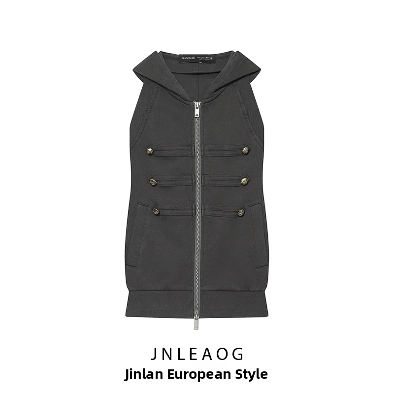 JNLEAOG Summer New Fashion Retro Gold Buckle Hoodie Sleeveless Jacket Women's Clothing Trendy Outerwear Polyester Fabric