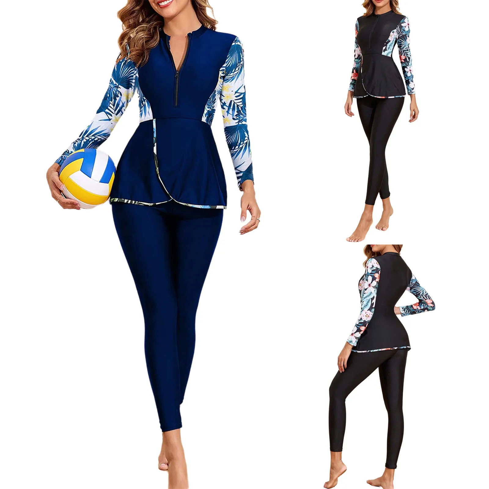 المرأة السباحة رومبير طفح الحرس طويلة الأكمام قميص السباحة و طماق الأزهار طباعة مسلم ثوب السباحة ملابس السباحة لركوب الأمواج والغوص