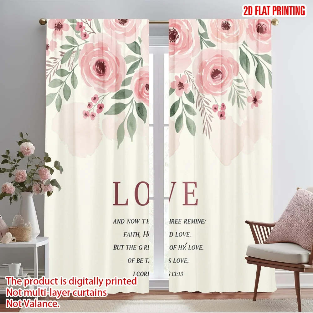 

2pcs 2D flat printing Drapes Floral Pink Roses Scripture Love Fabric Without Electricity Birthday Party Use for Photo Booths