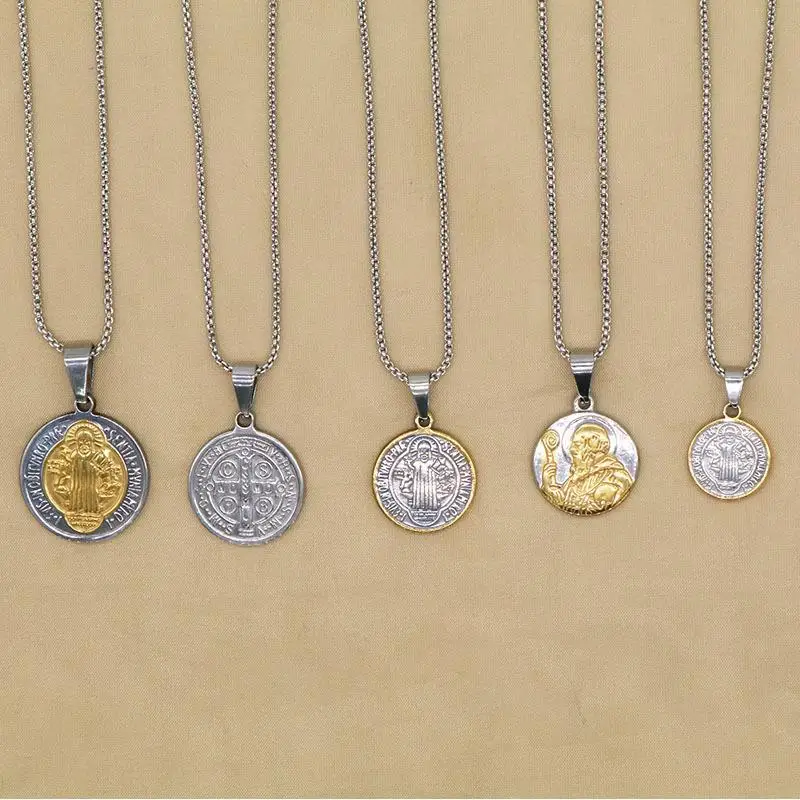 Stainless Steel Round Necklaces Religious Saint Benedict's Exorcism Pendants Necklace Clavicle Chain For Diy Accessories