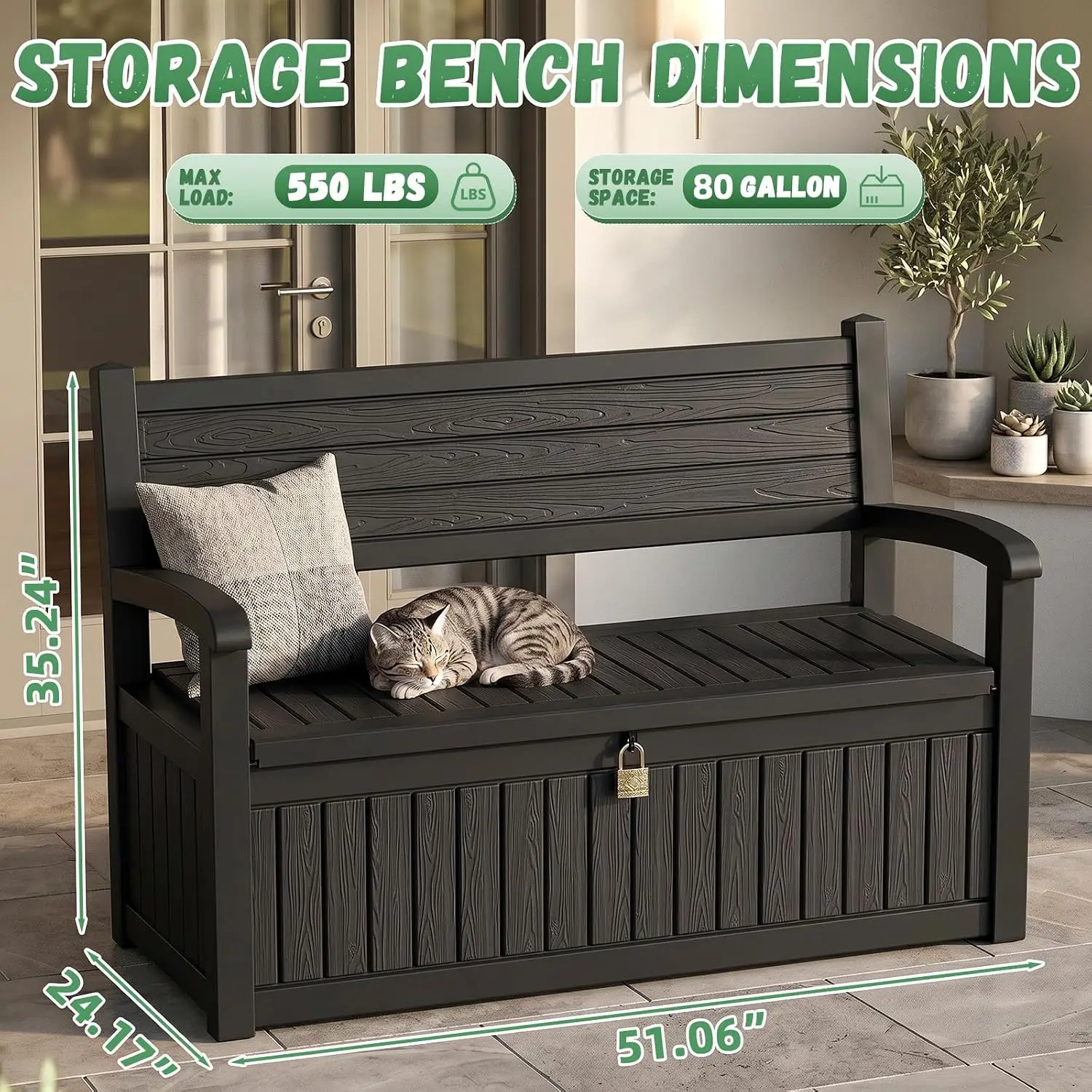 80 Gallon Outdoor Storage Bench Deck Box Waterproof Resin Lockable UV Resistant Porch Patio Pool Garden Cushion, Customized