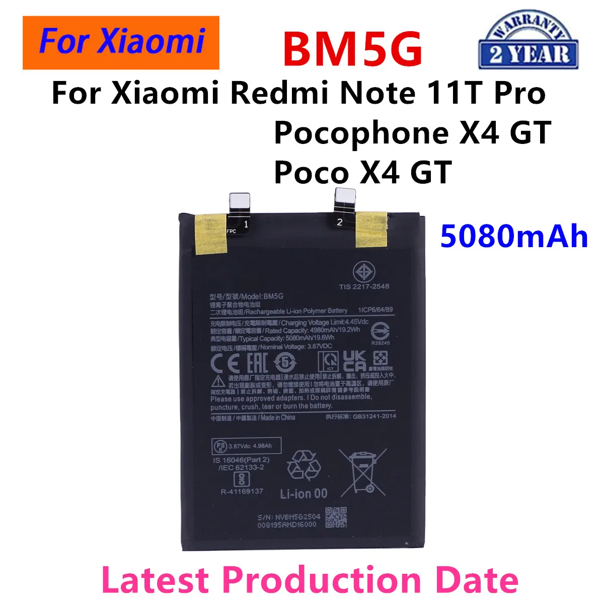 New years Orginal BM5G 5080mAh Replacement Battery For Xiaomi Redmi Note11T Pro / Pocophone X4 GT / Poco X4 GT Batteries