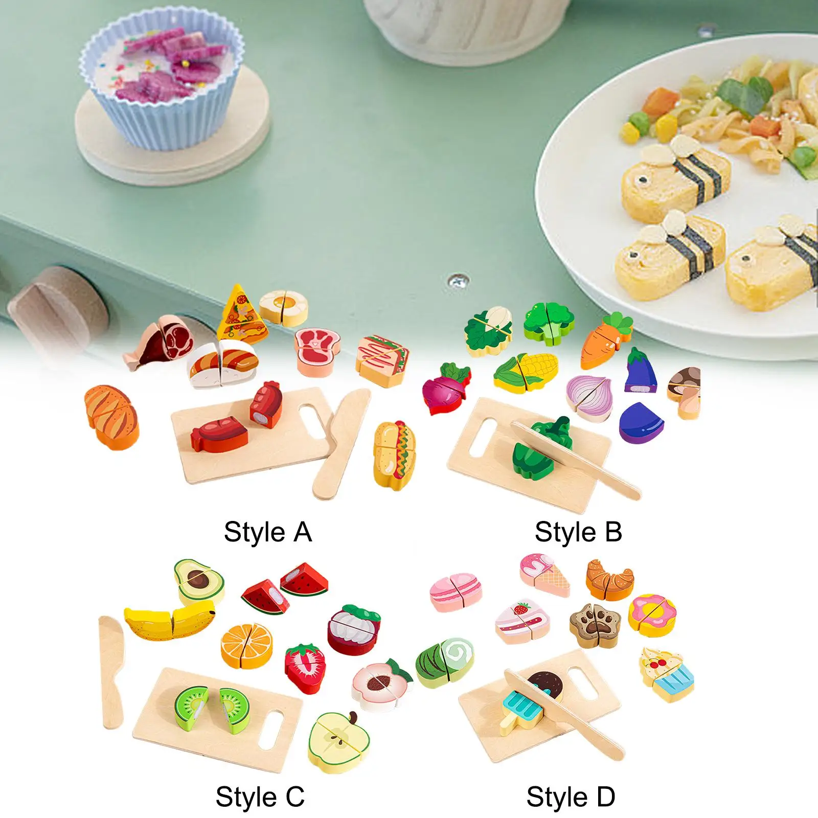

Wooden Cutting Play Food Toy Imagination Toy Kitchen Accessories Montessori Kitchen Playset for Gift Room Farm Party Favors Kids