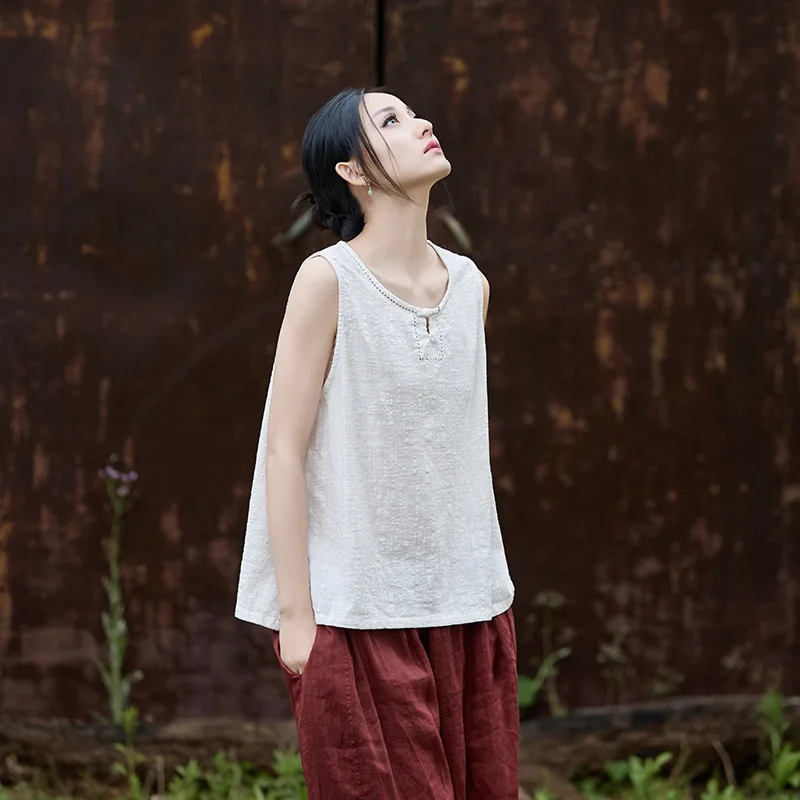 

Women Cotton Linen Sleeveless Thin Camis Female Vintage Tanks Tops O-Neck Button Solid Color Cloths 2025 Summer New Loose Tanks