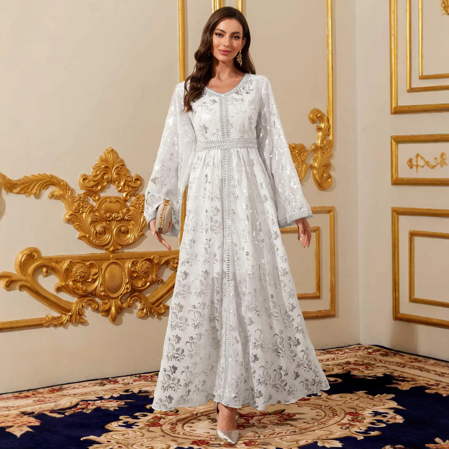 

Женское платье для Ид, мусульманское абайя-платье для вечеринок, кафтан с поясом, с серебряным фольгированным принтом, абайя в марокканском и дубайском стиле, джалабия, арабское длинное платье-роба