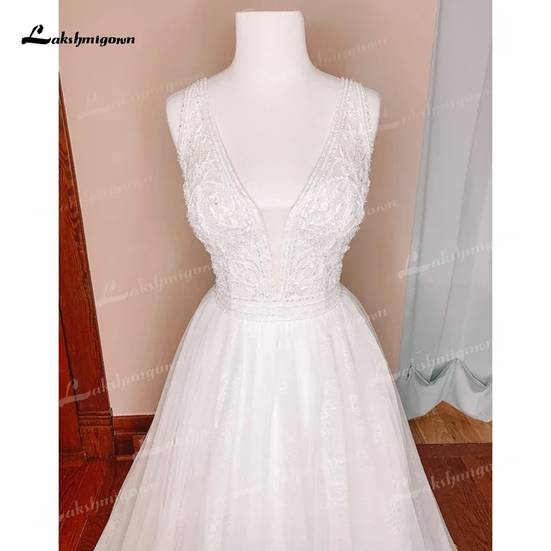 Boho a linha vestidos de casamento personalizado para as mulheres 2025 vestido de noiva sexy com decote em v cintas de espaguete sem costas rendas miçangas varredura vestidos