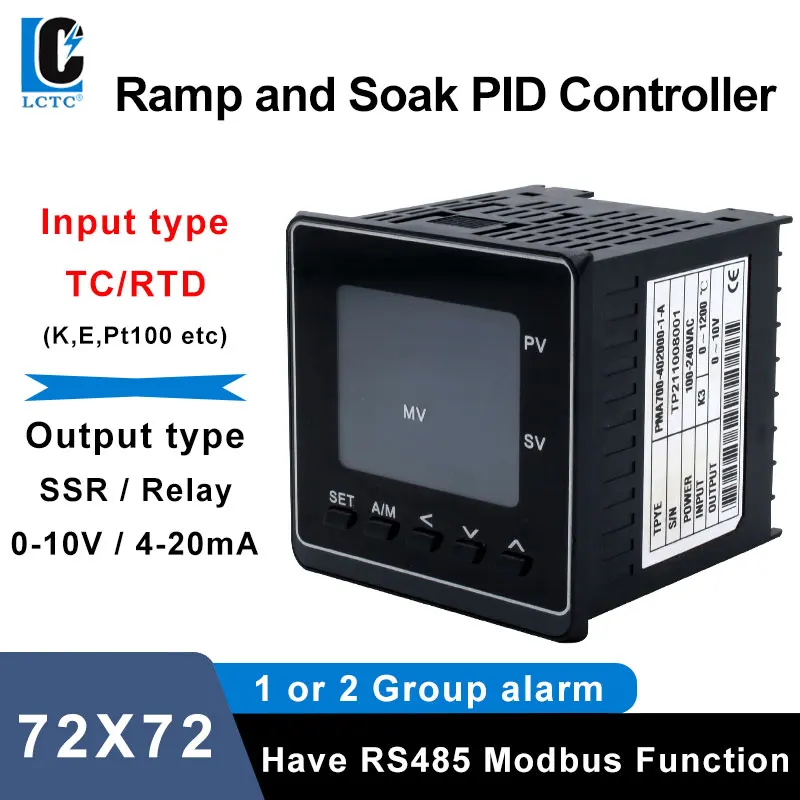 

LCTC 72x72mm PID Temperature Controller Ramp Soak Timer SSR Relay 4-20mA Output TC/RTD Input RS485 Programmable Regulator PMA700