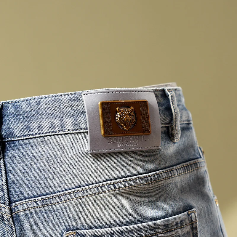 Fashion denim shorts for men2024summer scratch street trend retro slim fit light straight-leg casual cropped pants