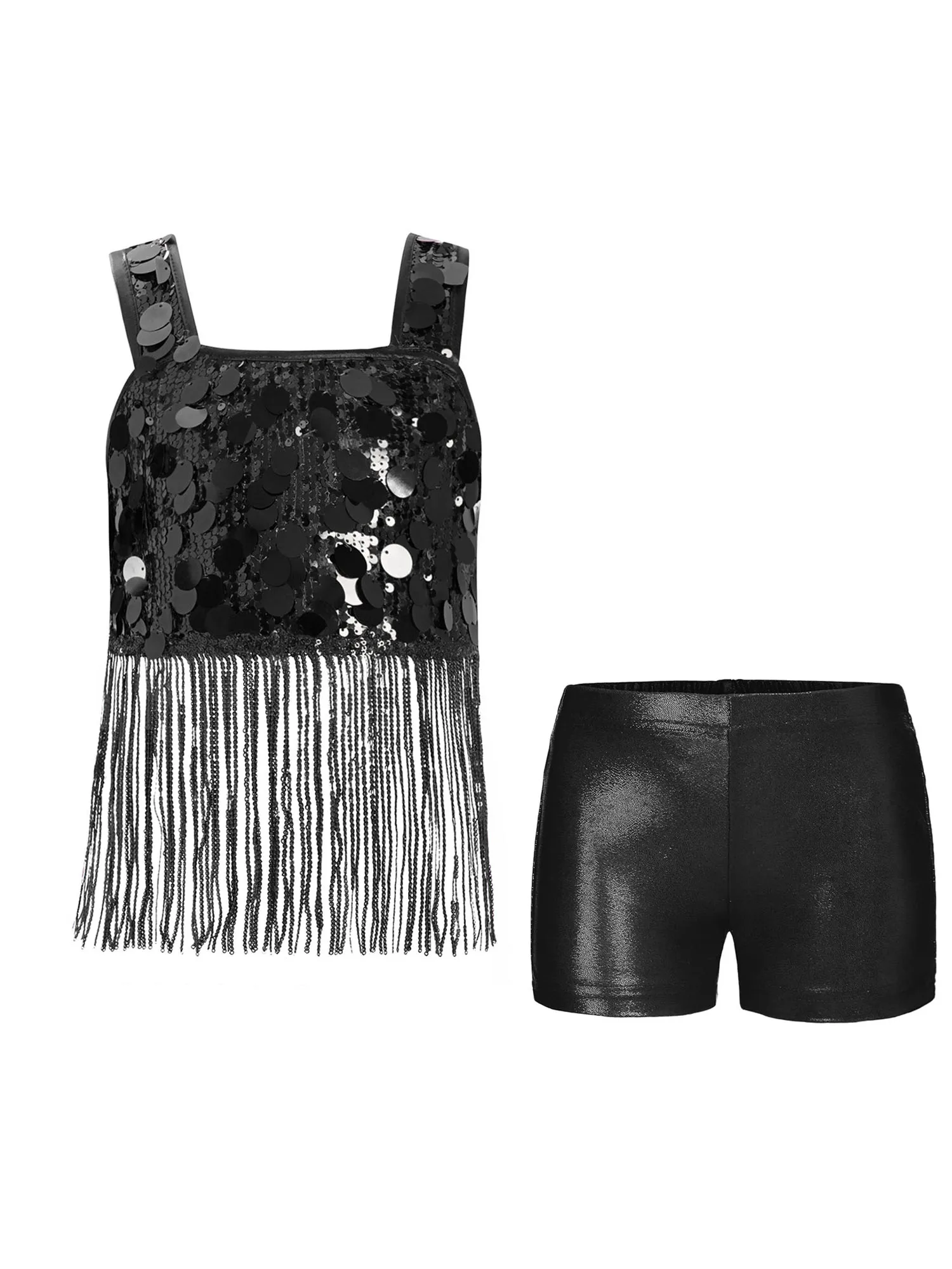 Jazzset voor meisjes, brede schouderbanden, glanzende paillettenkwastjes, crop-top met elastische tailleband, kort voor feestprestatiecompetitie
