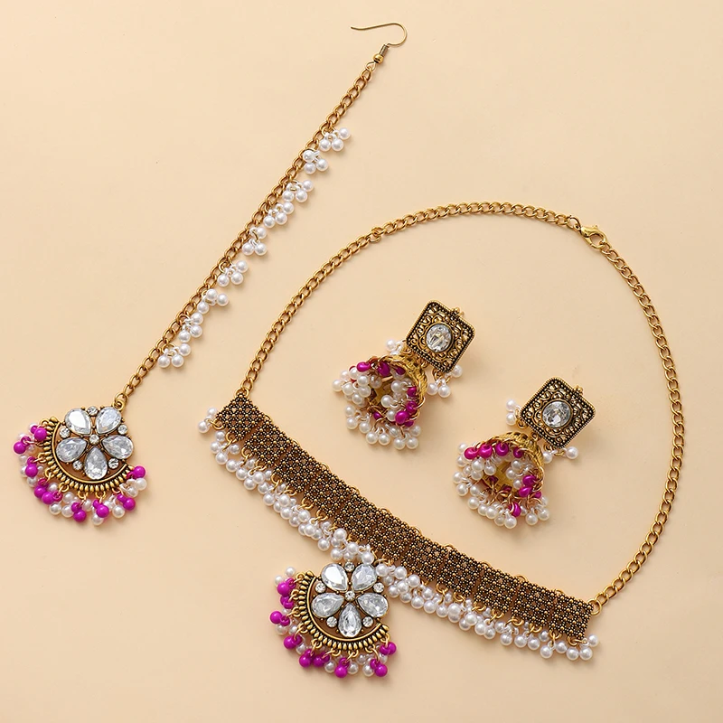 Crystal Flower Necklaces Forehead Accessories Retro Gold Color Rhinestone Earrings Set for Women Geometric Tassel Bridal Jewelry