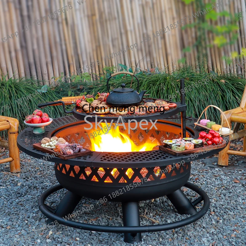 36 Inch Round Outdoor Black Charcoal Grill Stainless  Steel  Fire  Pit  BBQ  Garden  Backyard  Smokeless  Heat  Resistant  Grate