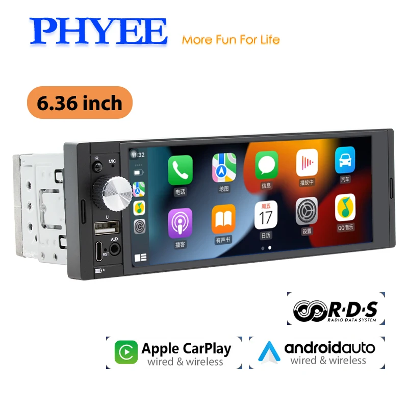 1 Din Car Radio Wireless CarPlay Android-Auto Bluetooth Multimedia MP5 Player FM RDS USB IPS Screen Auto Audio Head Unit F6031W