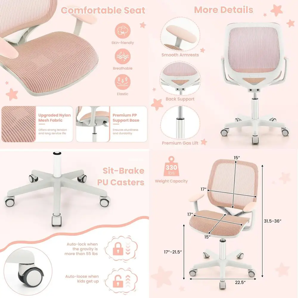 

Adjustable Height Kids Study Chair with Armrests, Swivel Casters, Mesh Seat for Boys, Girls, Teens, and Students