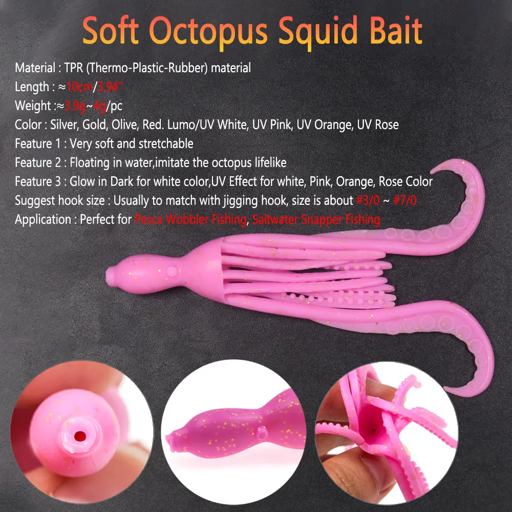 Bimoo 3pc 3.9g Glow UV Soft Octopus Squid Bait Floating TPR Material Pesca Wobbler Fishing Tackle Saltwater Snapper Fishing Lure