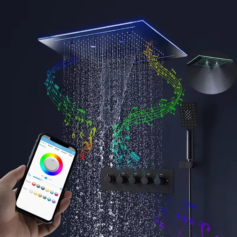 Music Shower Faucets 16'' Ceiling LED Electric Shower Black Thermostatic Valve 4 Functions Rainfall Mist Waterfall view 2