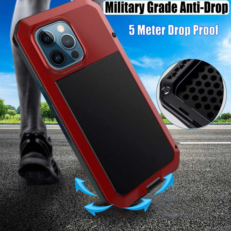 Heavy Duty Armor Aluminum Metal Silicone Case For iPhone 15 14 13 12 11 Pro Max XS Max XR 678 SE Anti-drop Glass Screen Film