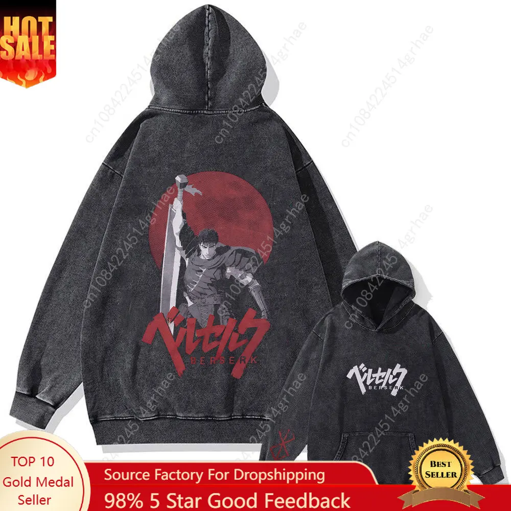 

Anime Berserk Retro Washed Hoodies Cotton Tops Black Acid Women Men Vintage Hooded Sweatshirts Oversize Hip Hop Male Pullover