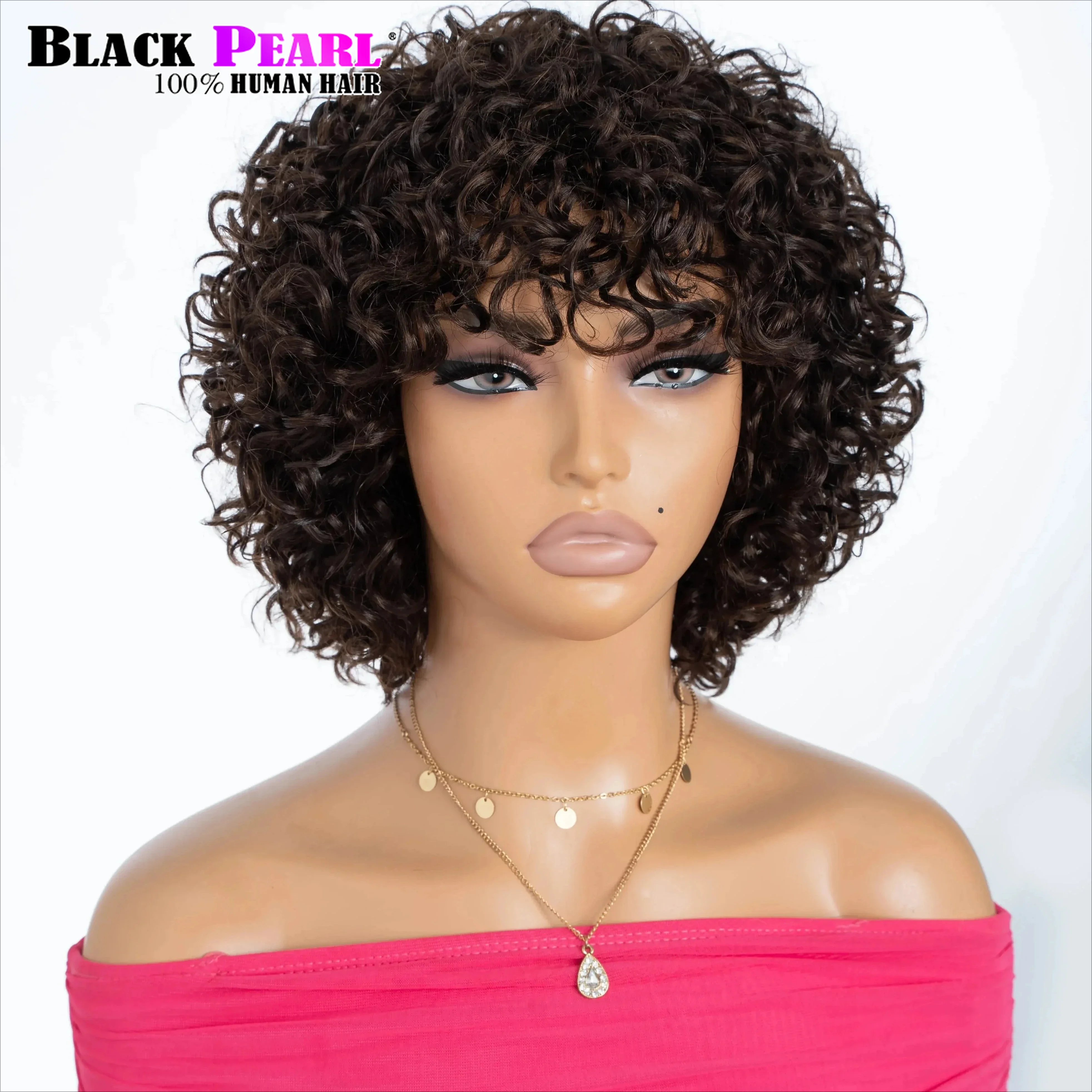 Voluminous Fluffy Pixie Cut Short Curly Human Hair Wigs with Bangs Machine Made Real Hair Wigs  Perruque Cheveux Humain