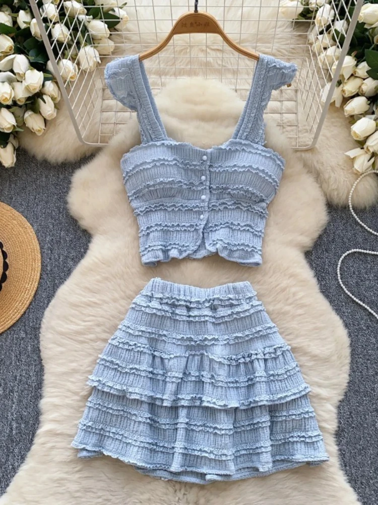 

2025 Summer Beachwear Hotsweet Women Suits Strapless Edible Tree Fungus Chic Tops+Elastic Waist MIni Skirt Vacation Casual Sets