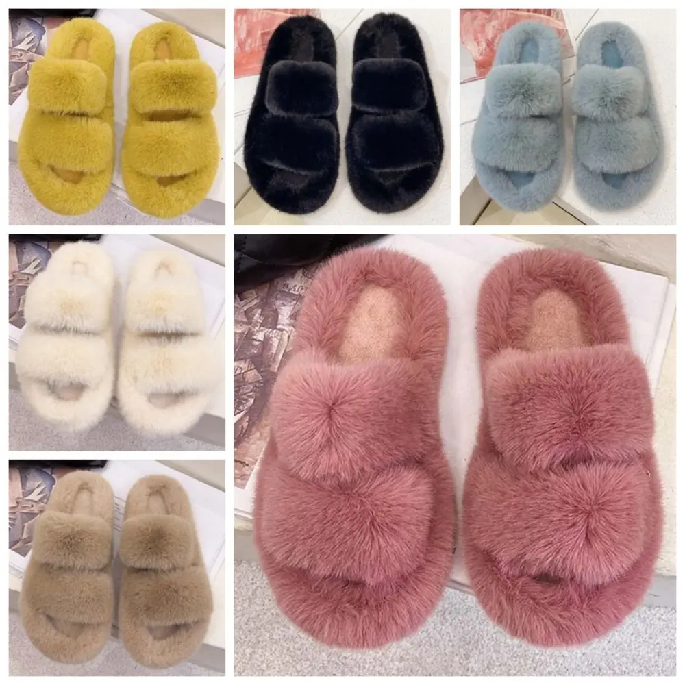 Soft Winter Open Toe Slippers Double-bar Anti-slip Plush Cotton Slippers Furry Solid Color Warmer Home Cotton Shoes Autumn