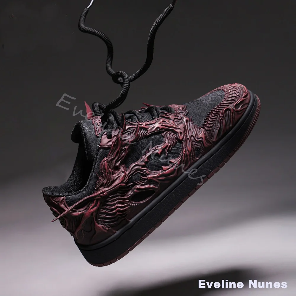 3D Stereo Blood Red Dragon Carving Sneakers Men Dark Gothic Chinese Myth Streetwear Fashion Trainers Low Top Lace Up Casual Shoe