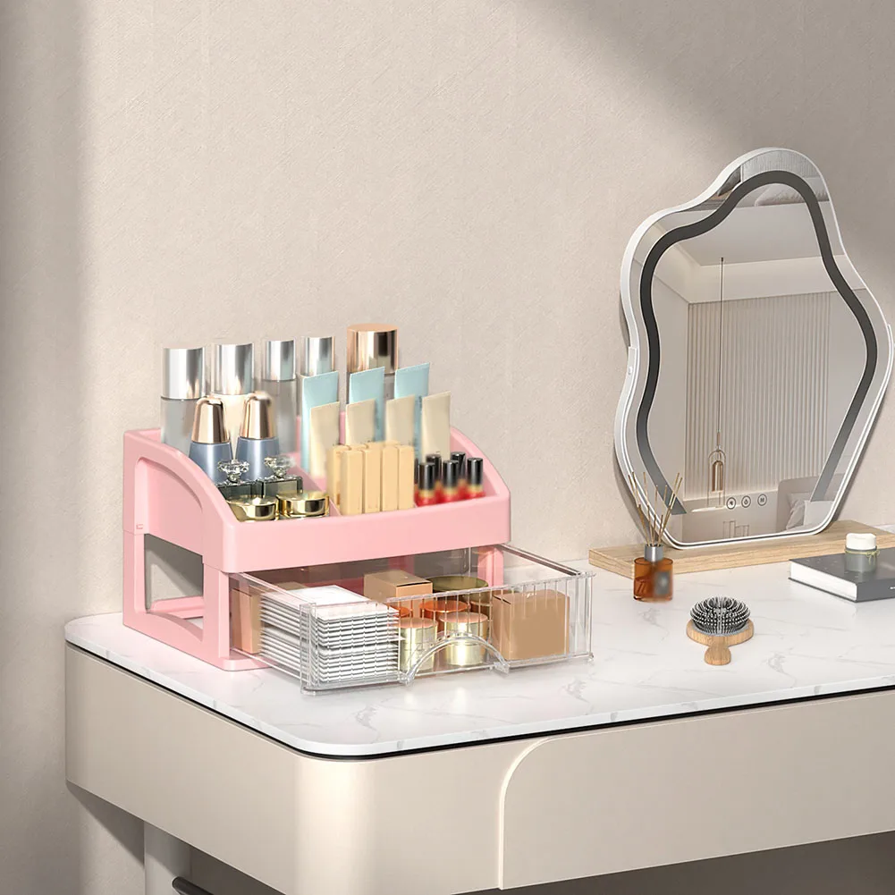Clear dresser storage box with adjustable layout for organization of lipsticks creams and other beauty essentials at home