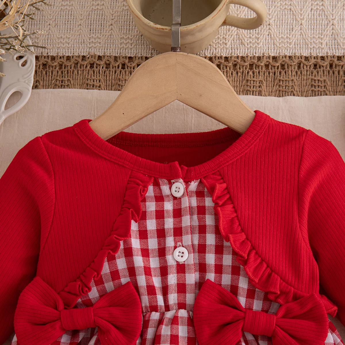 Frühling Herbst Baby Mädchen Rotes Kariertes Kleid mit Erdbeer-Stickerei und Schleife Langarm-Kleid für Mädchen Festliche Partykleidung – Detail 4