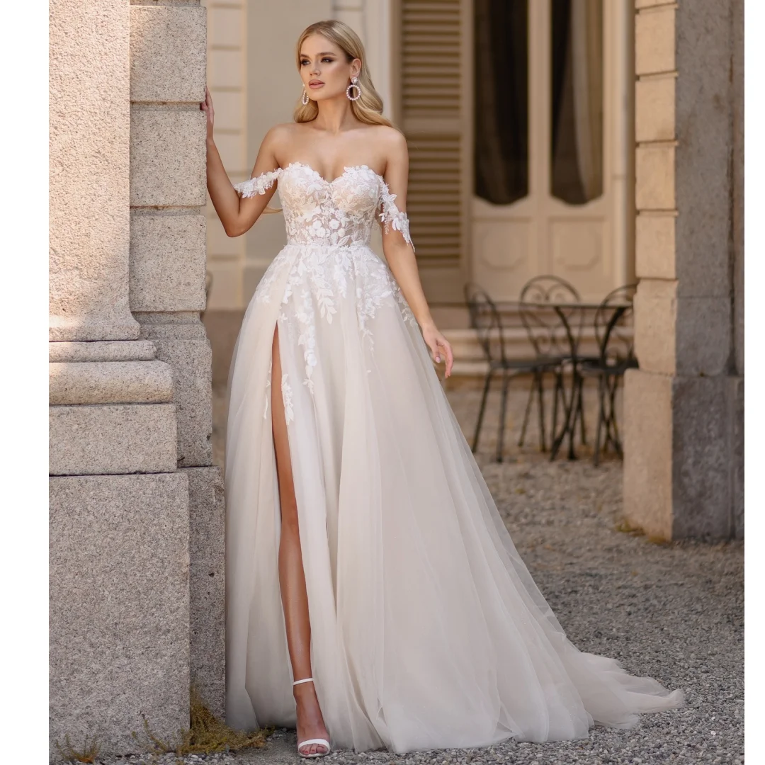 

Wedding Dresses 2025 Women High Slit Tulle Bridal Gown Lace Straps Formal Evening Dress Customized Robe de Mariage