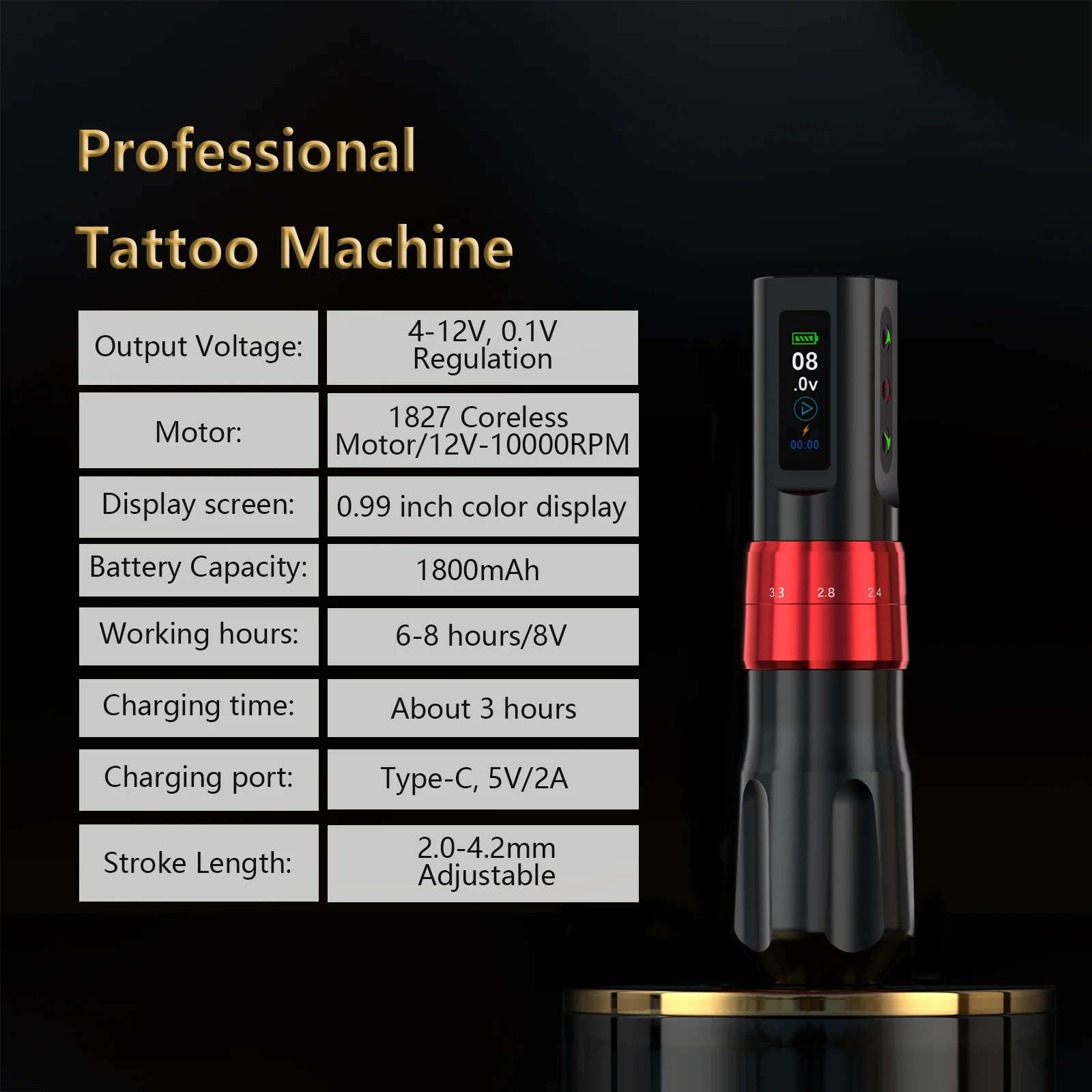 BIGWASP Wireless Tattoo Machine Pen FK 1800mAh Color Screen Battery Coreless Motor Pen Professional Adjustable Stroke 2.0-4.2mm