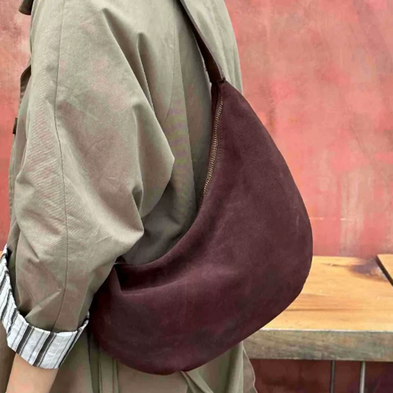 

New Autumn Winter Frosted Cowhide Hobo Tote Adjustable Handle Camel Coffee Color Genuine Suede Leather Women Armpit Shoulder Bag