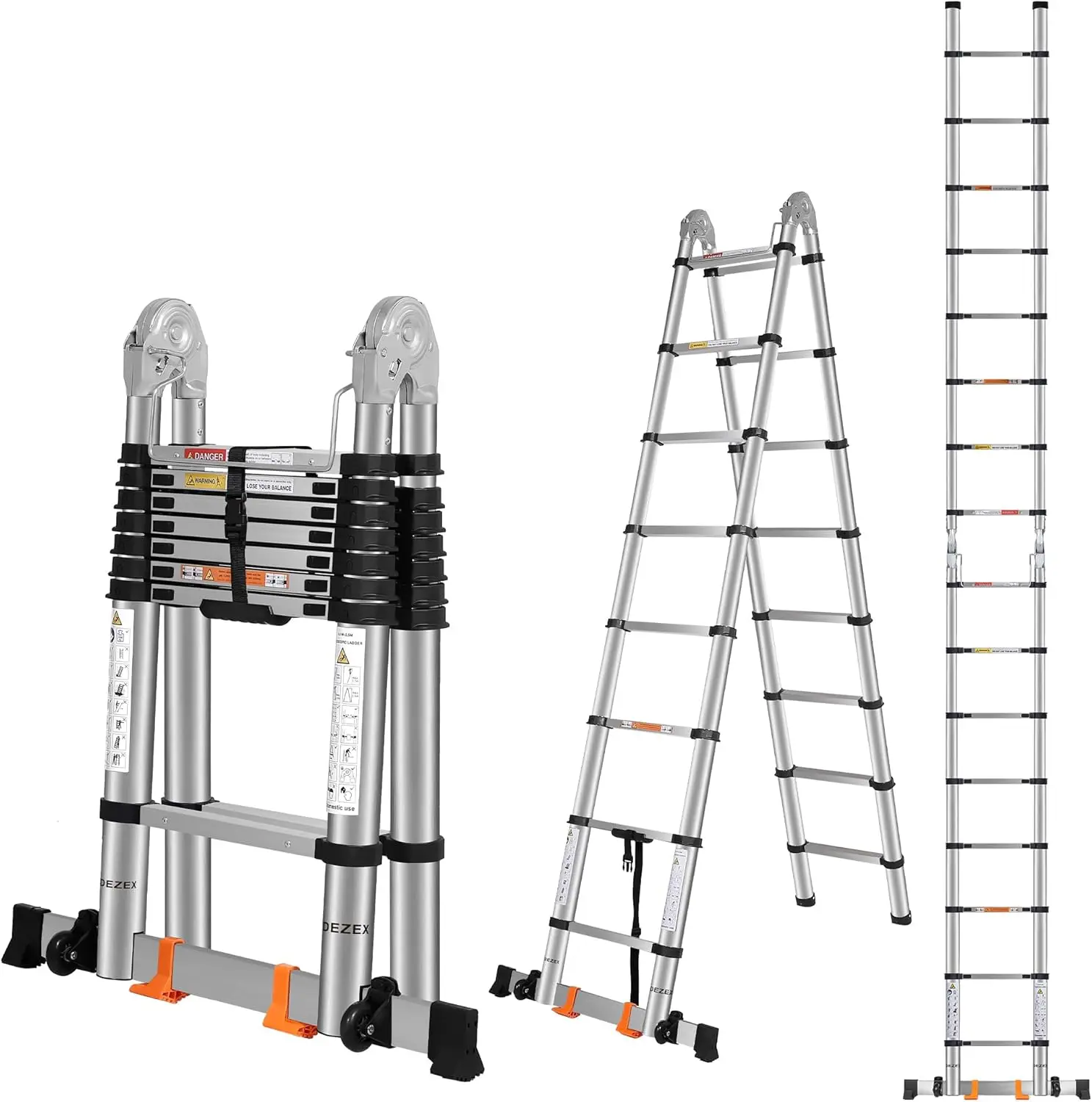 

Telescoping Ladders 16.5FT A Frame Stainless Steel Extension Ladder,Heavy Duty Lasts for 375LBS,with Balance Bar and Movable